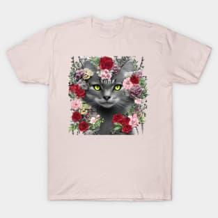 Beautiful Floral Gray Cat T-Shirt